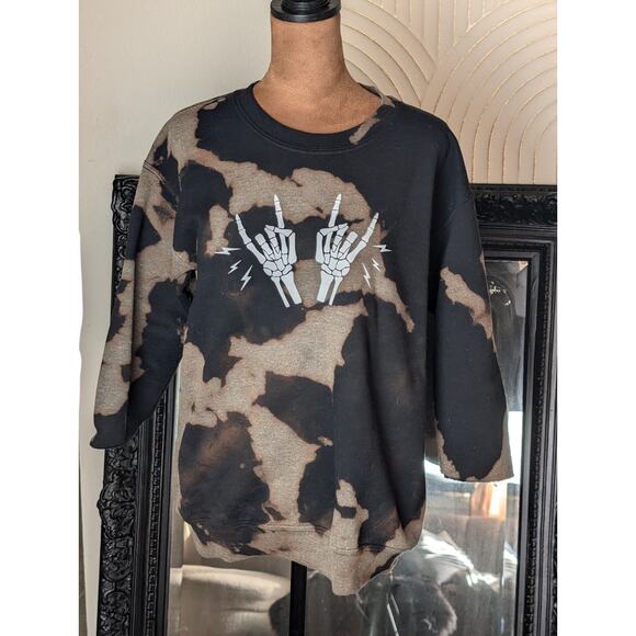 Acid Wash Tie Dye Skeleton"Rock N Roll" Hands Sweatshirt By Gildan Sz Small - Picture 1 of 9
